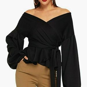 Sheln V Neck Ruffle Blouse Off Shoulder Tie Waist